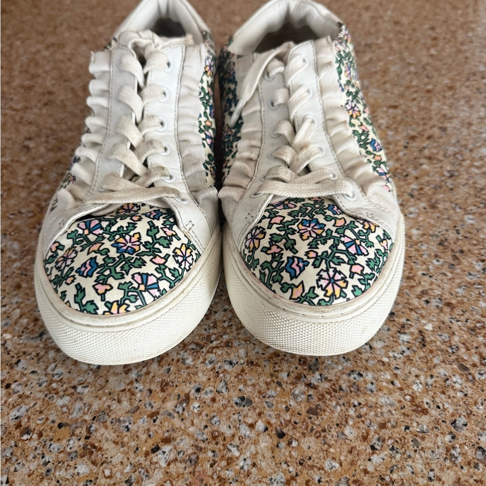 Tory Sport Floral Ruffle Sneakers Wild Pansy Women’s 8 Ivory Designer